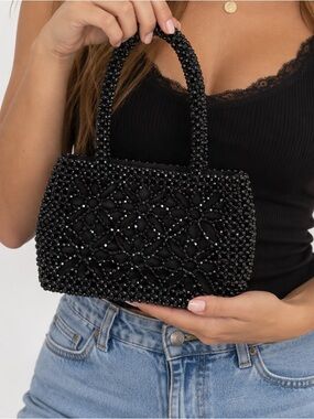 Black Beaded Handbag, Women's Mini Shoulder Bag, Y2K Evening Party Purse